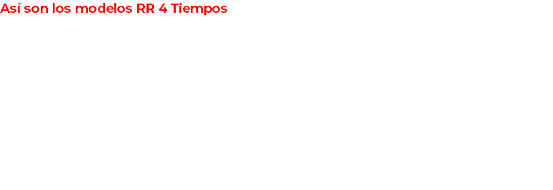 Así son los modelos RR 4 Tiempos – RR 350 4T MY 2020: Se trata del modelo más manejable de la gama de 4T. Prefiere un pilotaje a alto régimen, pero ofreciendo una entrega de potencia muy lineal. – RR 390 4T MY 2020: Representa la combinación ideal entre manejabilidad y potencia; haciendo, además, que la gran tracción sea su propia arma ganadora. – RR 430 4T MY 2020: Posee un motor de altas prestaciones que da lo mejor de sí mismo cuando se utiliza aprovechando las relaciones largas y sus importantes características de par. – RR 480 4T MY 2020: Es la moto que se expresa mejor en los grandes espacios. Tiene unas características muy similares a la 430cc, pero con unas cifras de par y potencia aún más elevadas; adaptadas a los pilotos más expertos y físicamente preparados.